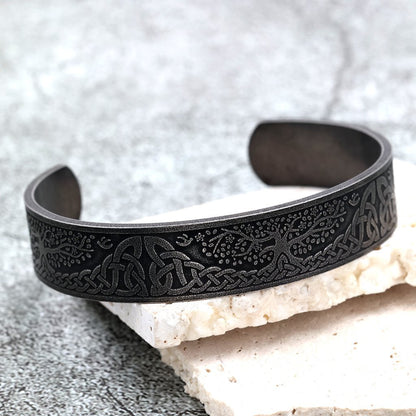 Men's Nordic Pirate Vintage Stainless Steel C-Cuff Bracelet with Engraved Viking Totem