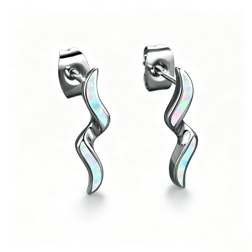 Women's Wavy Curve Inlaid Opal Drop Stud Earrings