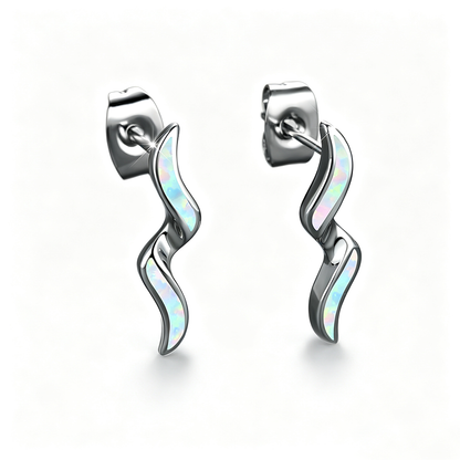 Women's Wavy Curve Inlaid Opal Drop Stud Earrings