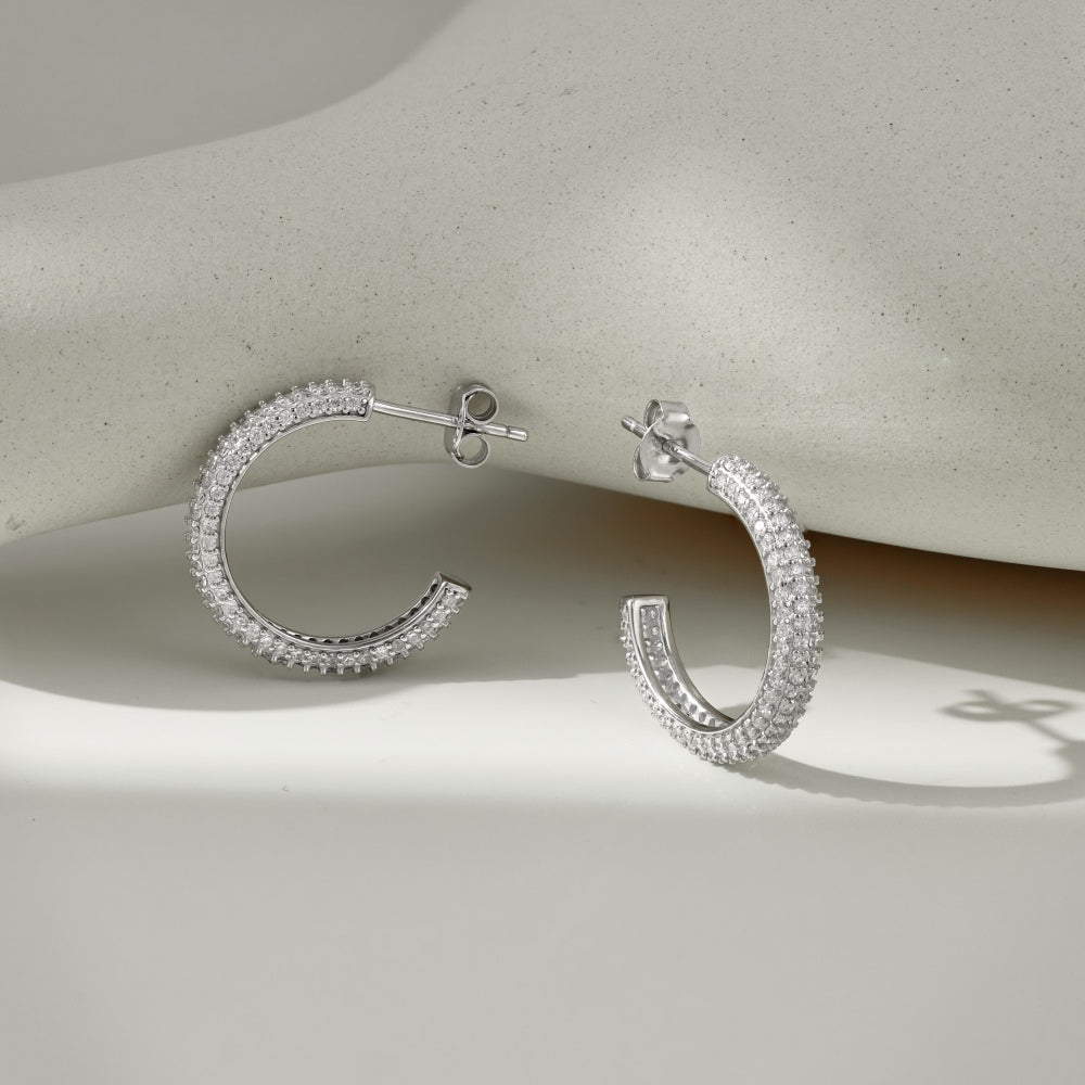 Women's Delicate 15 mm Round Huggie Earrings, Full Paved Round Zirconia, S925 with White Gold Plating
