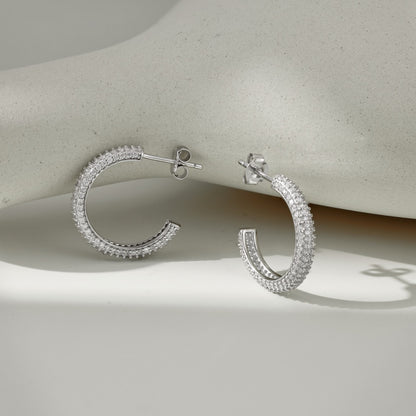 Women's Delicate 15 mm Round Huggie Earrings, Full Paved Round Zirconia, S925 with White Gold Plating