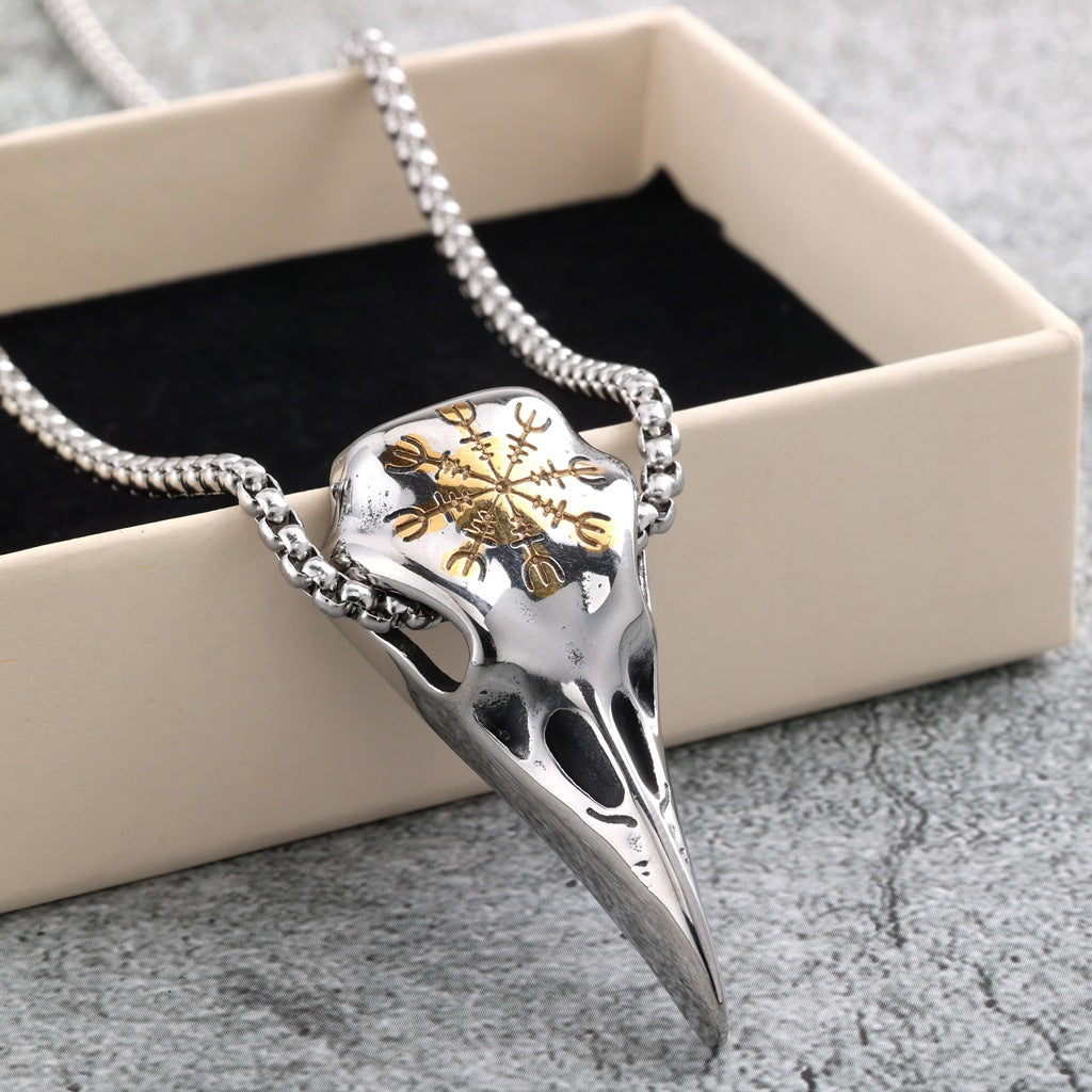 Viking Compass Raven Head Men's Stainless Steel Pendant Necklace