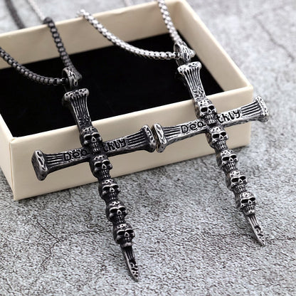 Men's Steel Multi Skull Cross Pendant Necklace