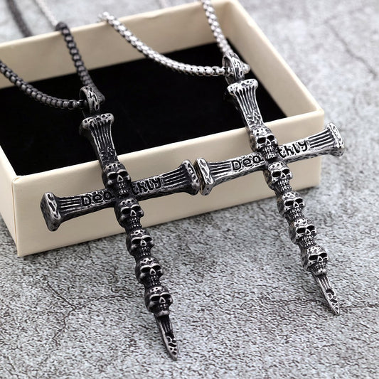 Men's Steel Multi Skull Cross Pendant Necklace