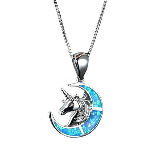 Ins Opal Unicorn Crescent Moon Necklace