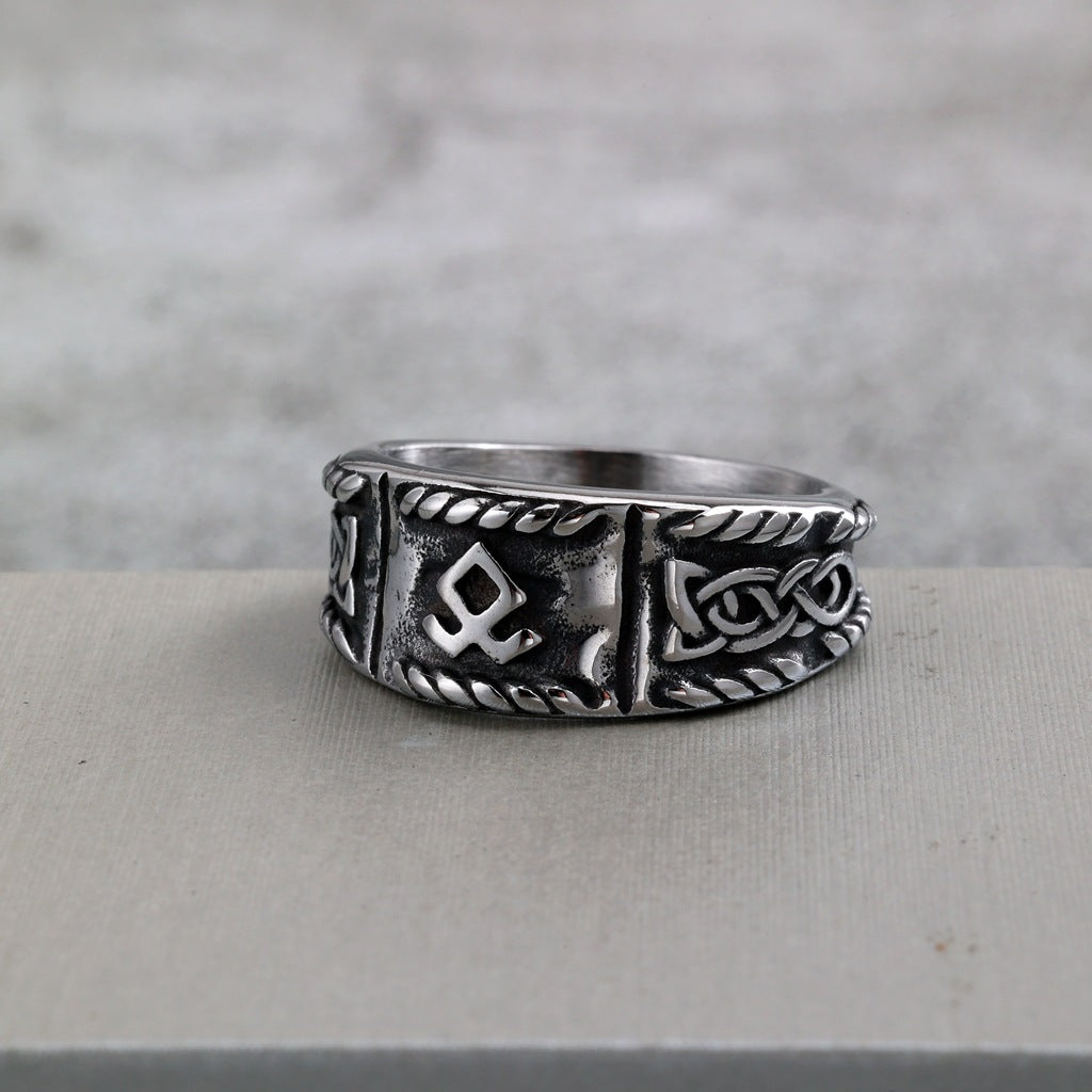 Vintage Solid Stainless Steel Viking Rune Round Ring for Men