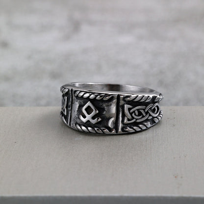 Vintage Solid Stainless Steel Viking Rune Round Ring for Men