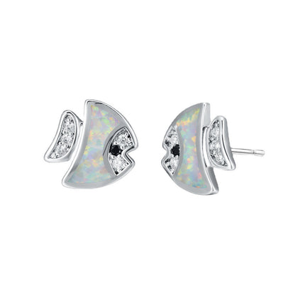 Women's Tropical‑Fish Shape Stud Earrings, Inlaid Zirconia, Blue Opal / White Opal