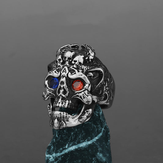 Vintage Stainless Steel Punk Hollow Inlaid Color Stone Skull Ring for Men