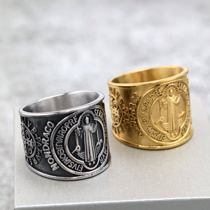 Vintage Stainless Steel Wide Band St. Benedict Exorcism Cross Ring for Men