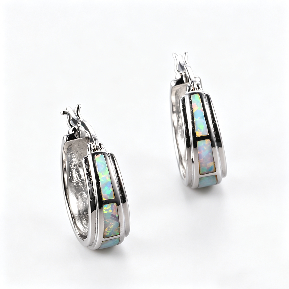 Women's Hoop Huggie Earrings, Center Inlaid White Opal / Blue Opal, with White Gold Plating