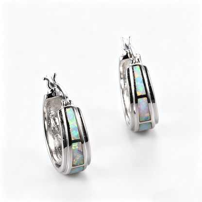 Women's Hoop Huggie Earrings, Center Inlaid White Opal / Blue Opal, with White Gold Plating