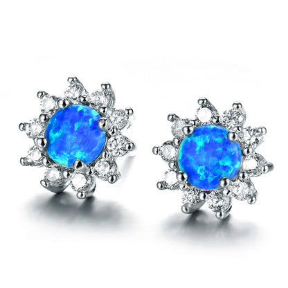 Women's Sunflower‑Shape Stud Earrings, Blue Opal / White Opal Center Stone Surrounded With Zirconia