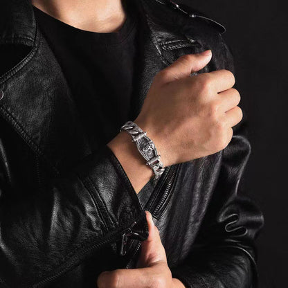 Men's Wolf Head Carved Curb Bracelet