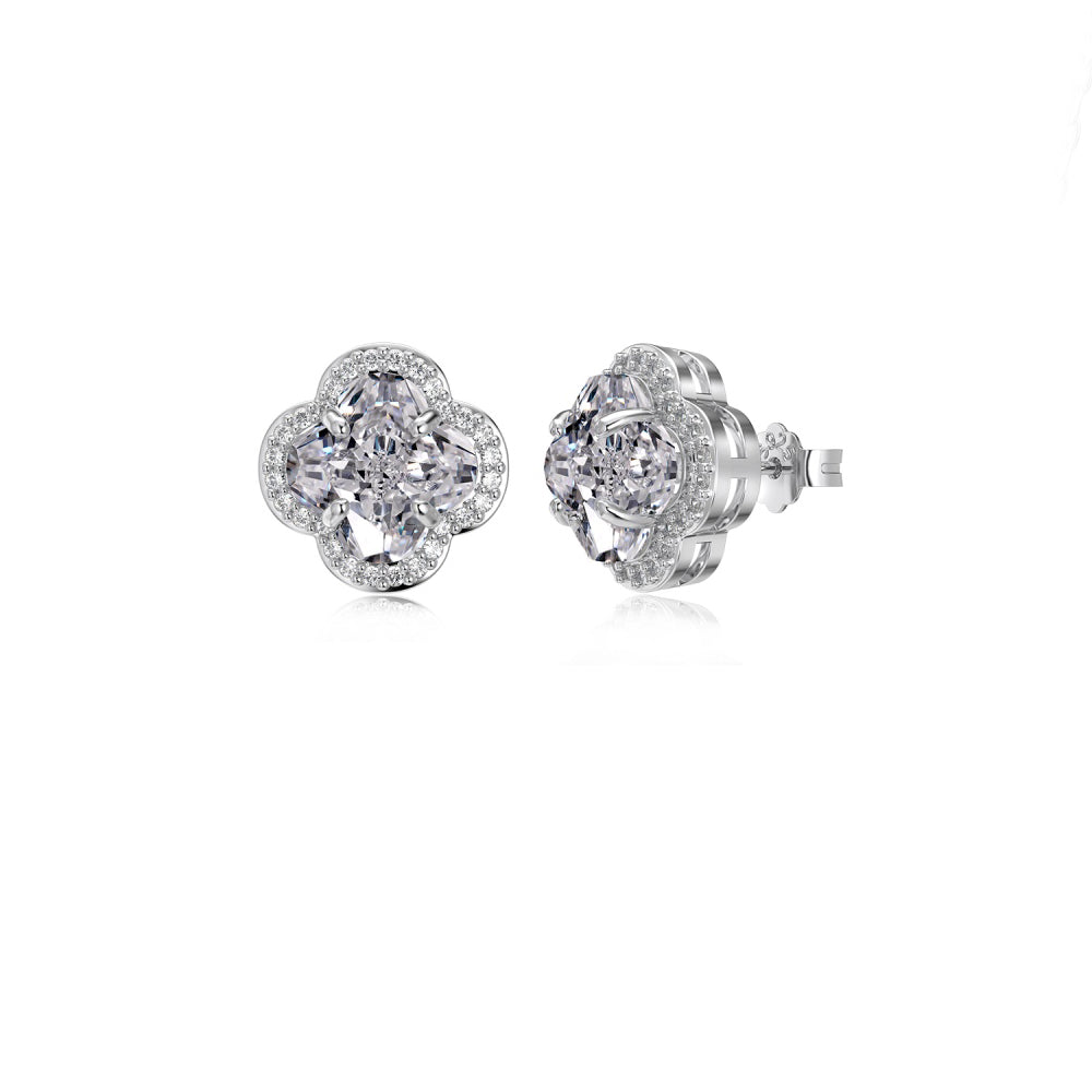 Women's Clover Stud Earrings, Cushion‑Cut Clear Zirconia Main Stone With Zirconia Halo, S925 with White Gold Plating