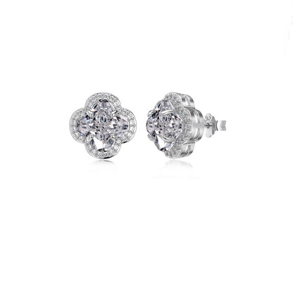 Women's Clover Stud Earrings, Cushion‑Cut Clear Zirconia Main Stone With Zirconia Halo, S925 with White Gold Plating
