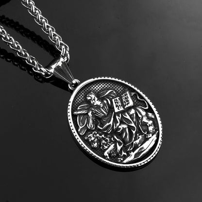 Men's Steel Vintage St Mark Oval Medal Pendant Necklace