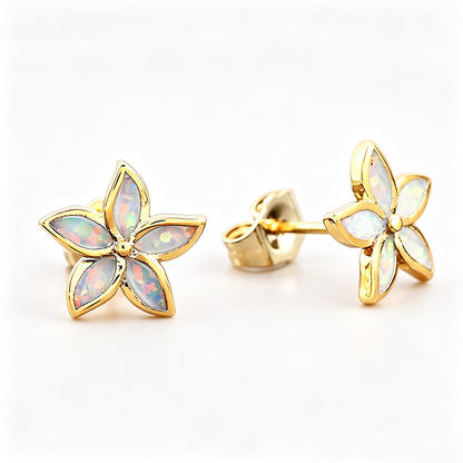 Women's Five‑Petal Flower Stud Earrings Inlaid With White & Blue Opal, with Gold Plating / with White Gold Plating