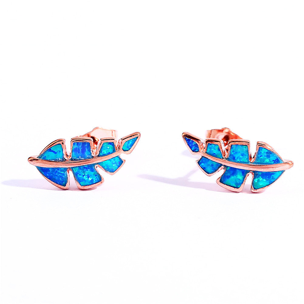 Women's Feather Shape Stud Earrings Inlaid With Blue Opal, with Rose Gold Plating