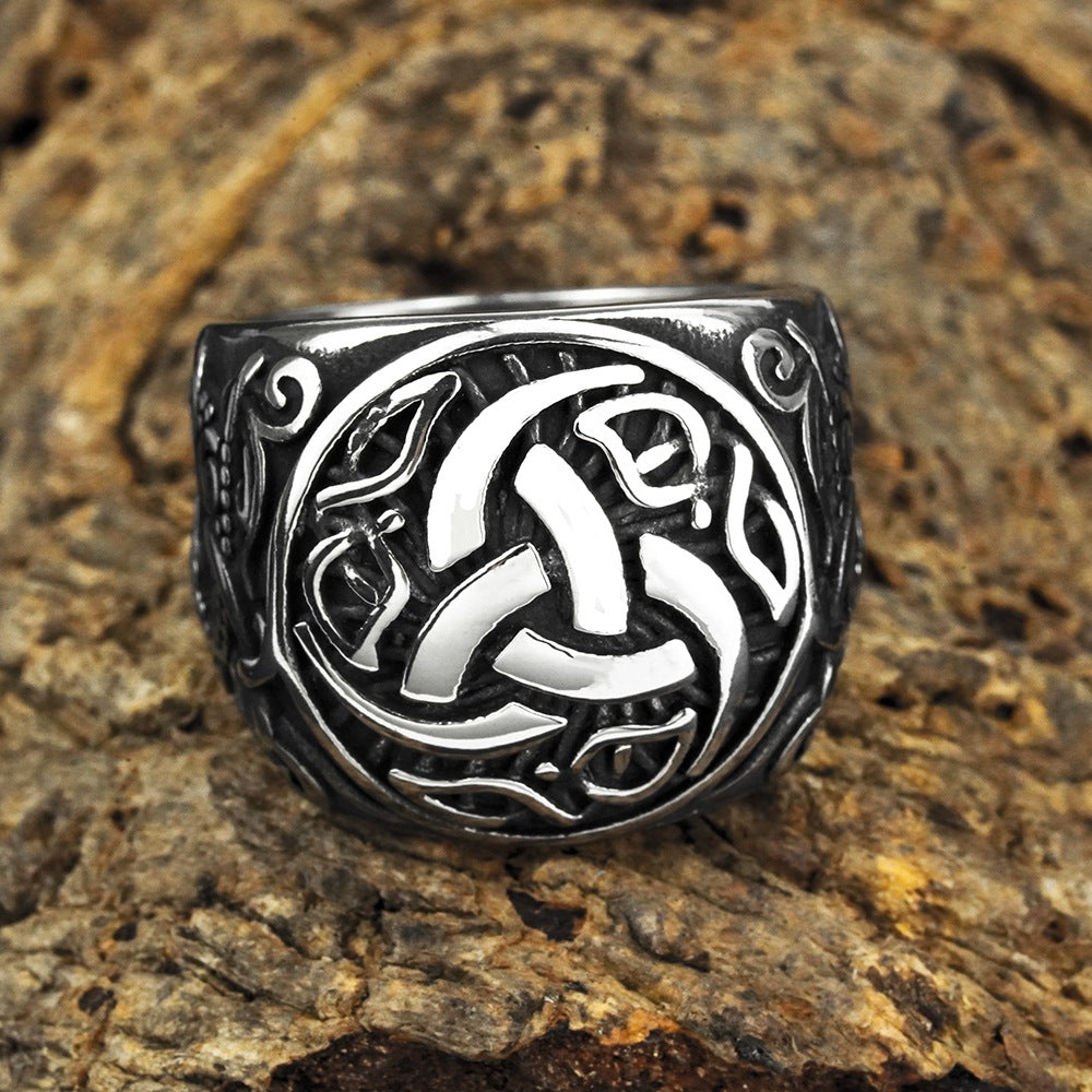 Vintage Solid Stainless Steel Norse Viking Triquetra Celtic Knot Carved Wide Band Ring for Men