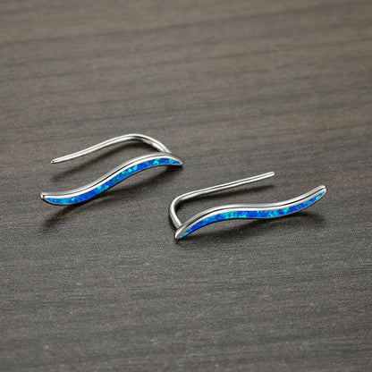 Women's Curved Arc Hook Earrings Inlaid Blue Opal ,Rose Gold Plating/White Gold Plating