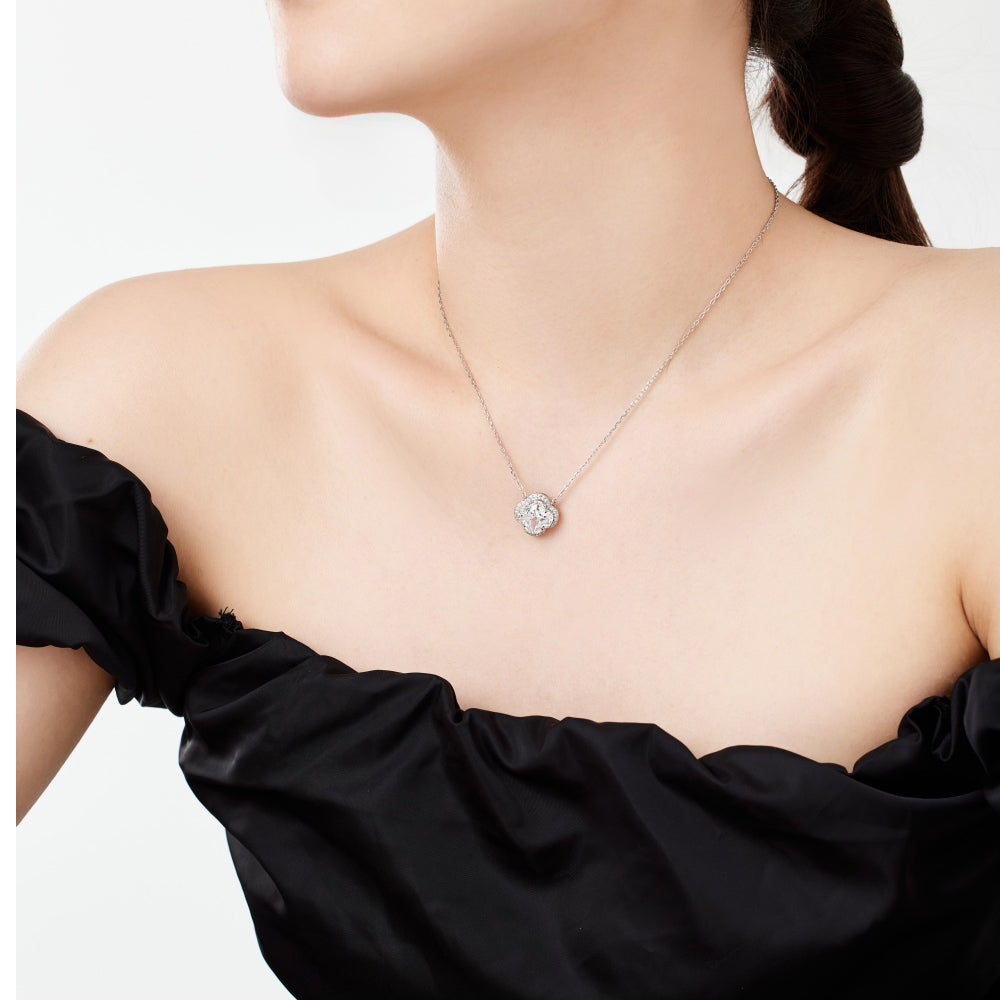 Women's Pendant Necklace, White Zirconia Four‑Leaf Clover Plum Blossom Flower Design, S925 with White Gold Plating