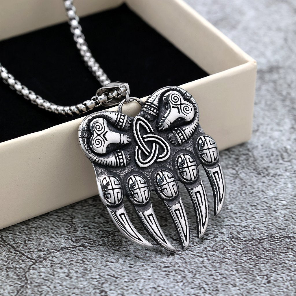 Vintage Stainless Steel Single Sided Celtic Knot Bear Paw Pendant Necklace for Men