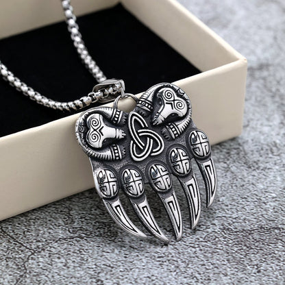 Vintage Stainless Steel Single Sided Celtic Knot Bear Paw Pendant Necklace for Men
