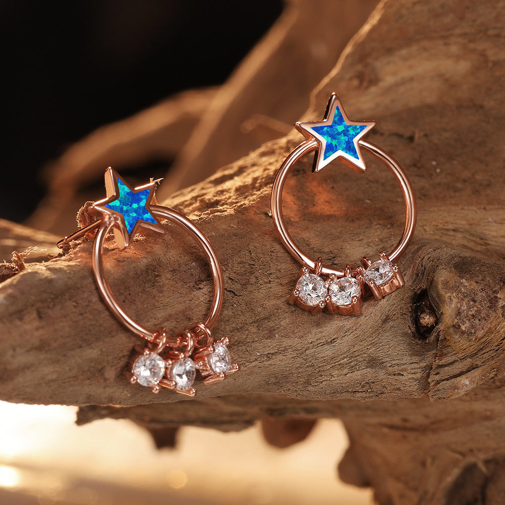Women's Circle‑Hoop Star Blue & White Opal Dangle Zirconia Stud Earrings, White Gold Plating & Rose Gold Plating