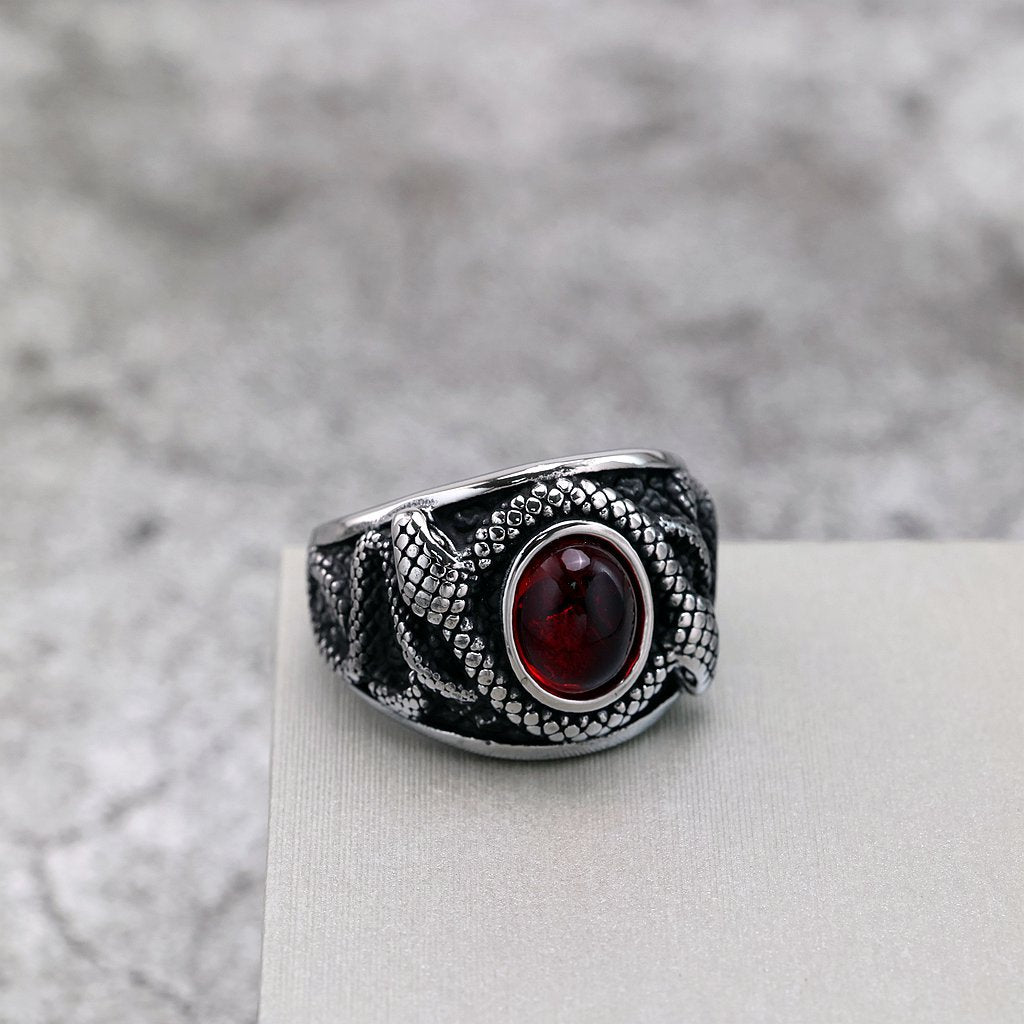 Vintage Solid Stainless Steel Double Snake Ring for Men Inlaid Red Synthetic Gemstone