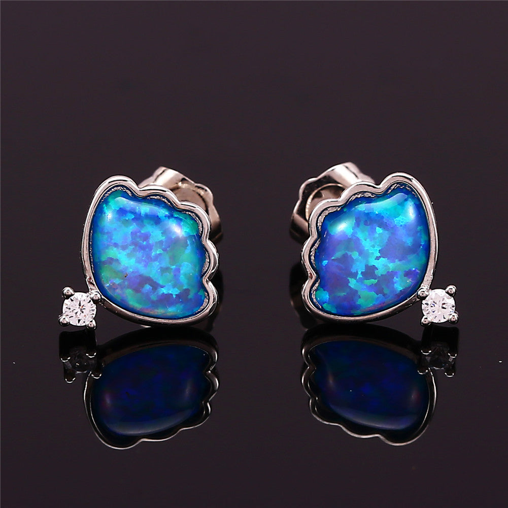 Women's Shell‑Shape Opal With Zirconia Accent Stud Earrings, with White Gold Plating