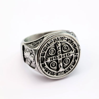 Vintage Stainless Steel Saint Benedict Exorcism Cross Ring for Men