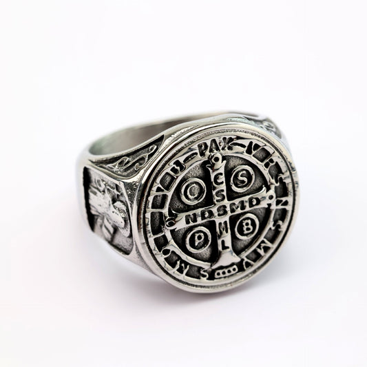 Vintage Stainless Steel Saint Benedict Exorcism Cross Ring for Men