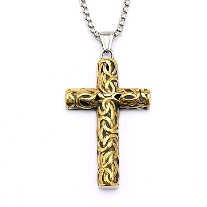 Vintage men's stainless steel carved cross pendant necklace