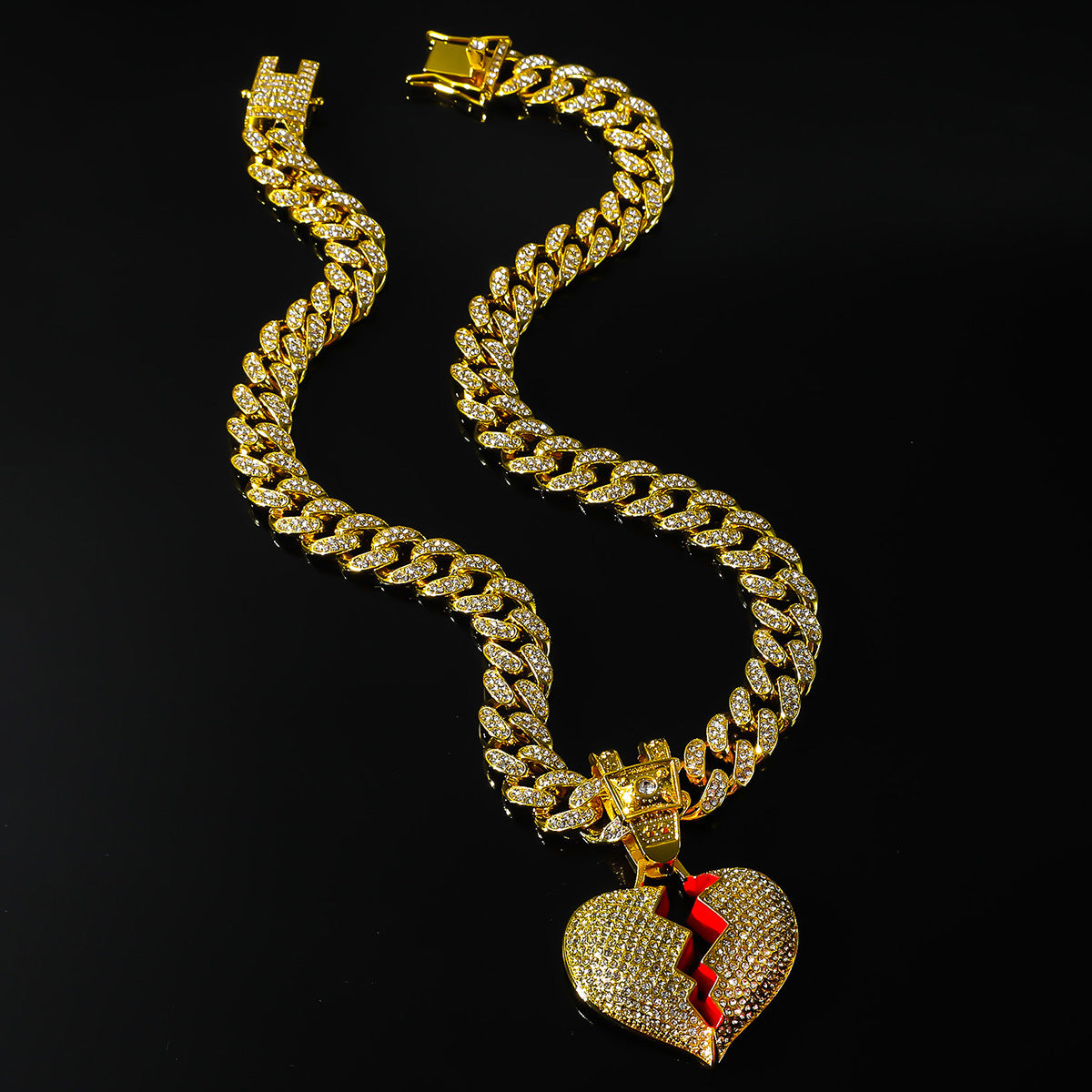 Hip-Hop Broken Red Heart Cuban Chain Pendant Necklace