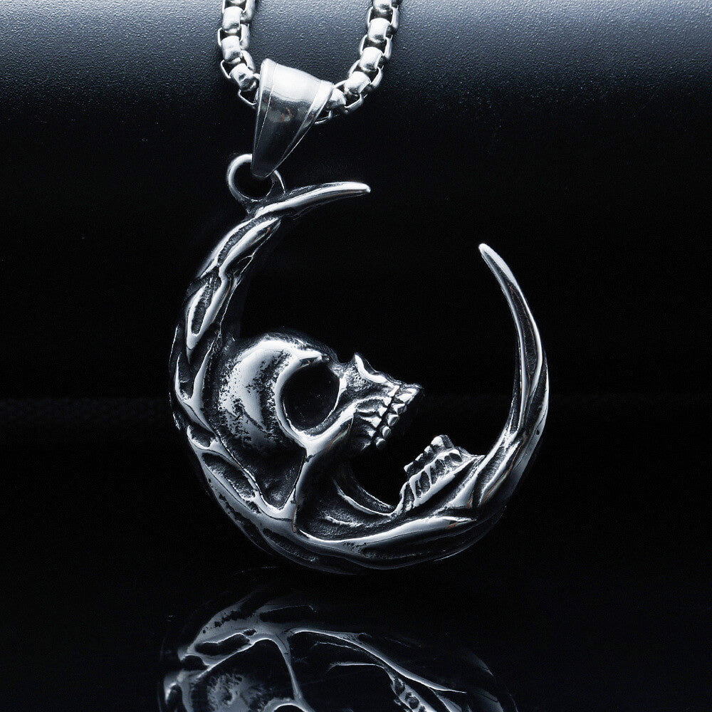 Men's Vintage Viking Moon And Skull Pendant Necklace