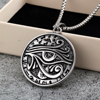 Men's Steel Egyptian Eye of Horus Round Tag Pendant Necklace
