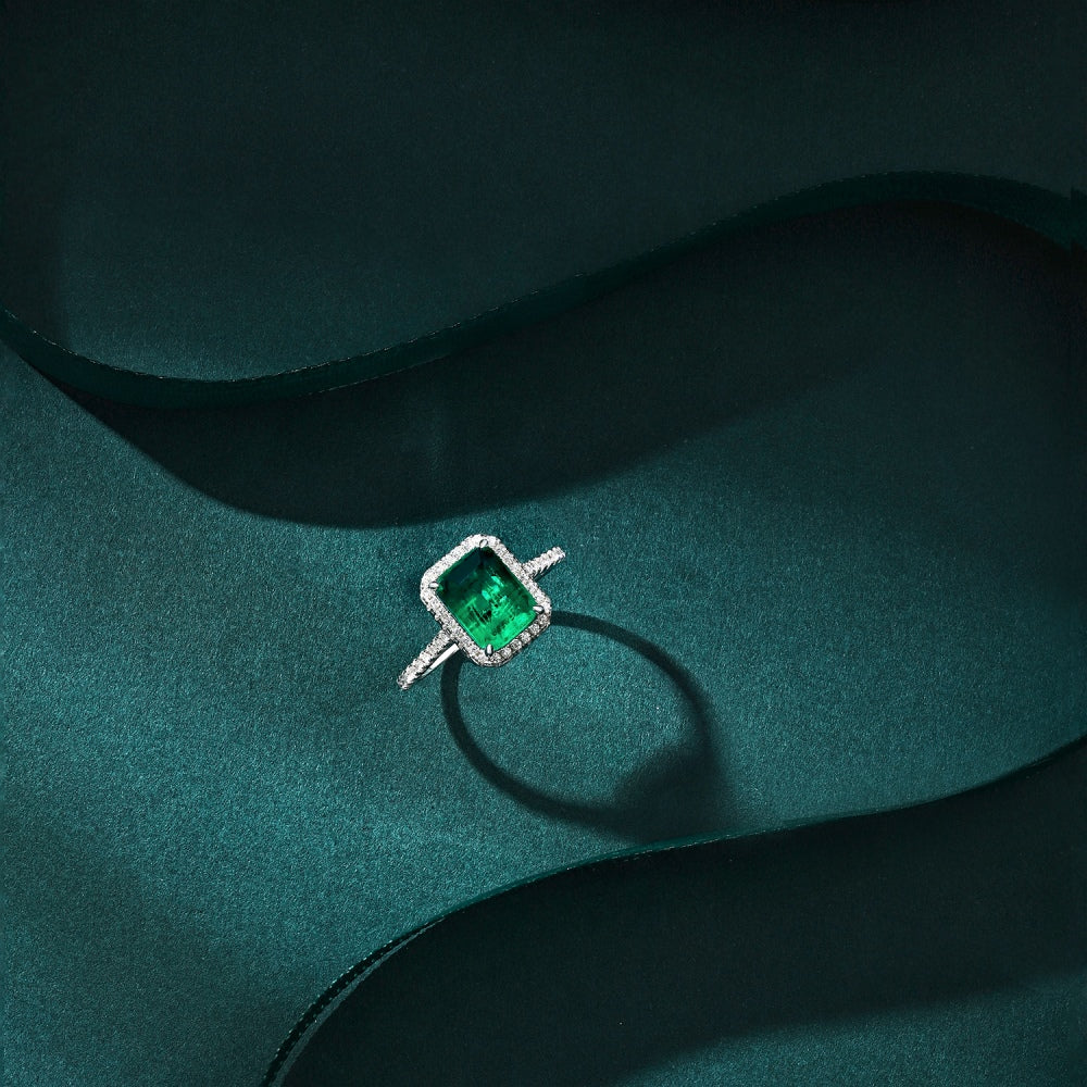 Women's Rectangular Emerald Green Zirconia Center Stone Halo Paved Ring, S925 with White Gold Plating