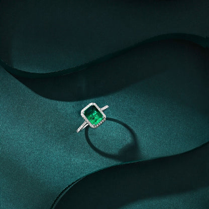 Women's Rectangular Emerald Green Zirconia Center Stone Halo Paved Ring, S925 with White Gold Plating