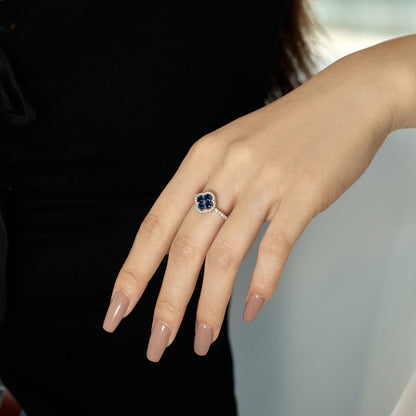 Women's S925 Silver White Gold Tone Ring, Four-Leaf Clover Shape Blue Cubic Zirconia Halo Design Ladies Fashion Ring