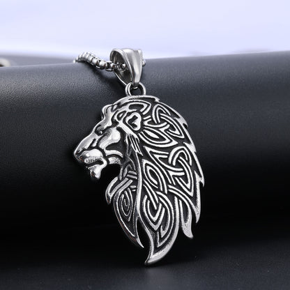 Men's Steel Celtic Lion Head Pendant Necklace