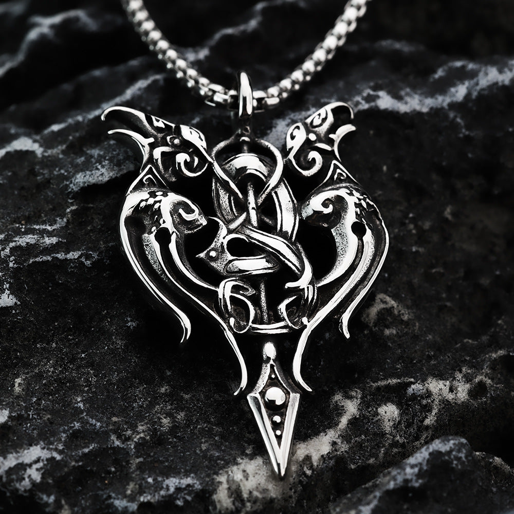 Vintage Antique Oxidized Stainless Steel Men's Norse Viking Twin Raven Celtic Knot Hollow Pendant Necklace