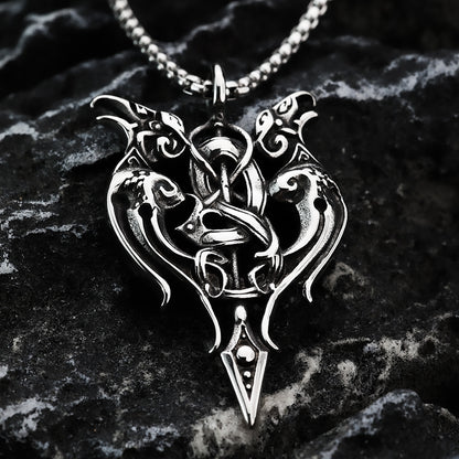 Vintage Antique Oxidized Stainless Steel Men's Norse Viking Twin Raven Celtic Knot Hollow Pendant Necklace