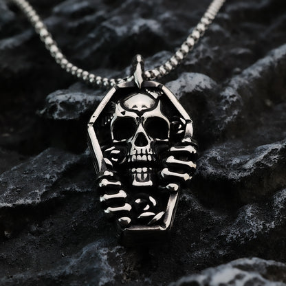 Men's Steel Coffin Skull Hand With Rose Pendant Necklace