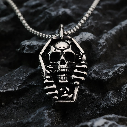 Men's Steel Coffin Skull Hand With Rose Pendant Necklace