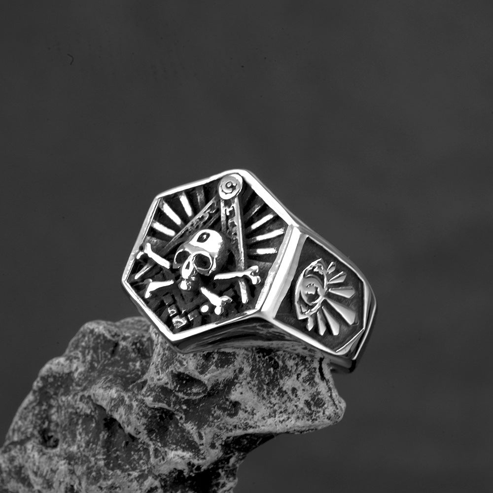 Vintage Solid Stainless Steel Wide Band Hexagon Masonic AG Skull Signet Ring for Men
