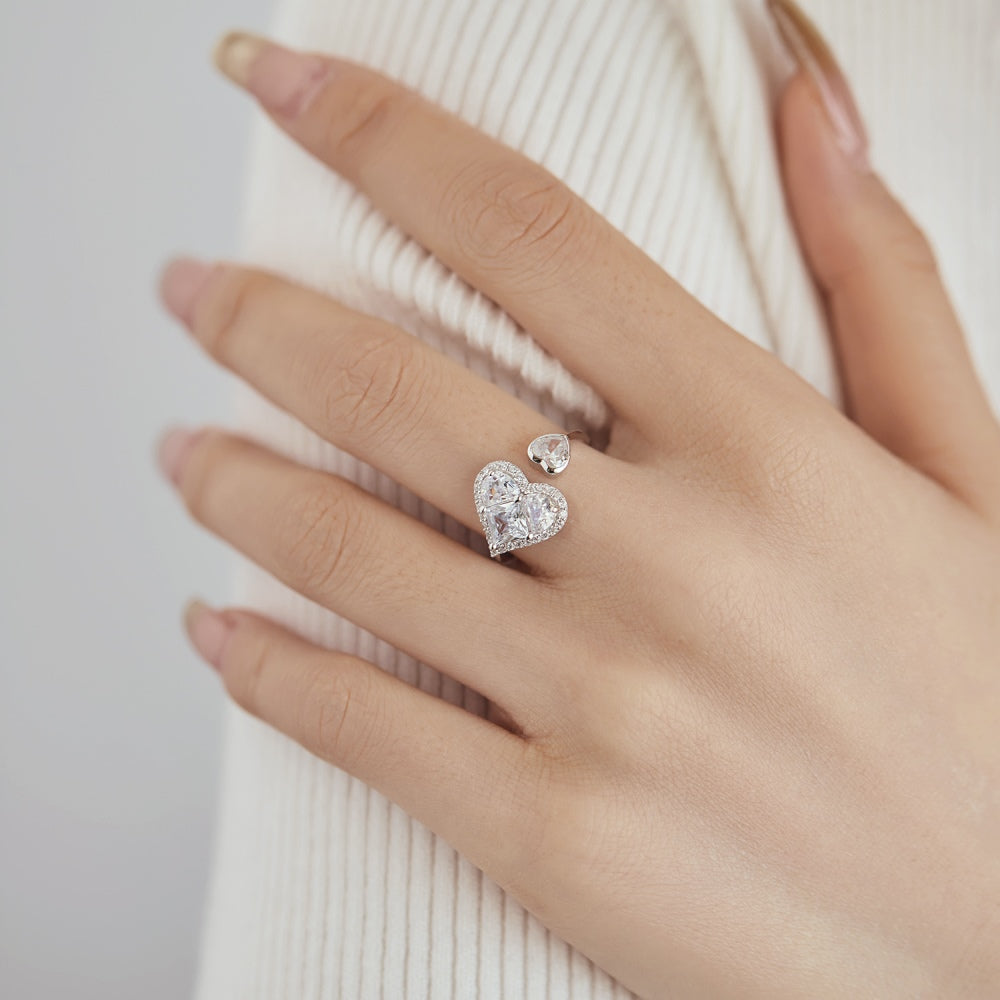 Women's Adjustable Heart Double Stone Ring, Heart-Shaped & Round Zirconia, S925 with White Gold Plating