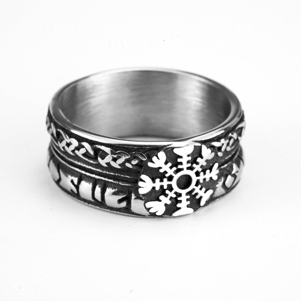 Vintage Solid Stainless Steel Norse Viking Helm of Awe Rune Carved Wide Band Ring for Men