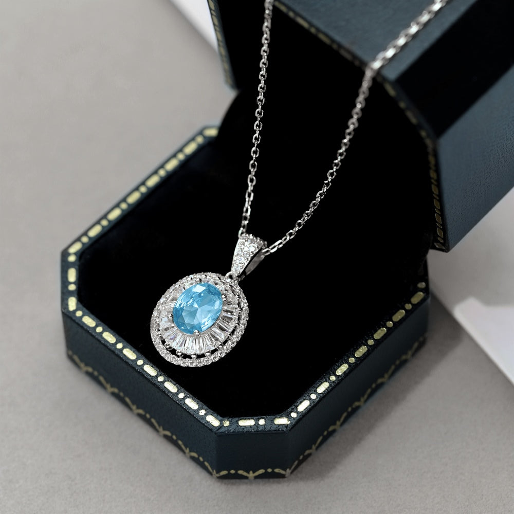 Women's Hollow Pendant Necklace, Inlaid Oval Blue Zirconia, S925 with White Gold Plating