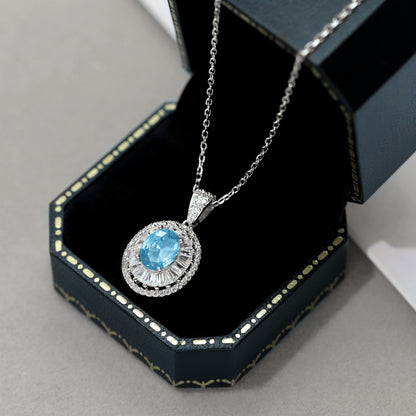 Women's Hollow Pendant Necklace, Inlaid Oval Blue Zirconia, S925 with White Gold Plating